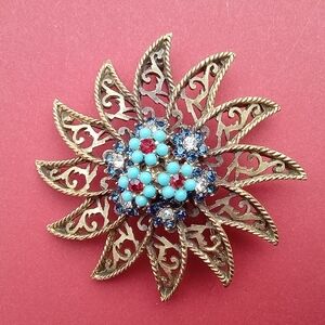 BSK 60s  Large Gold Tone Floral Brooch with Turquoise and Red Accents